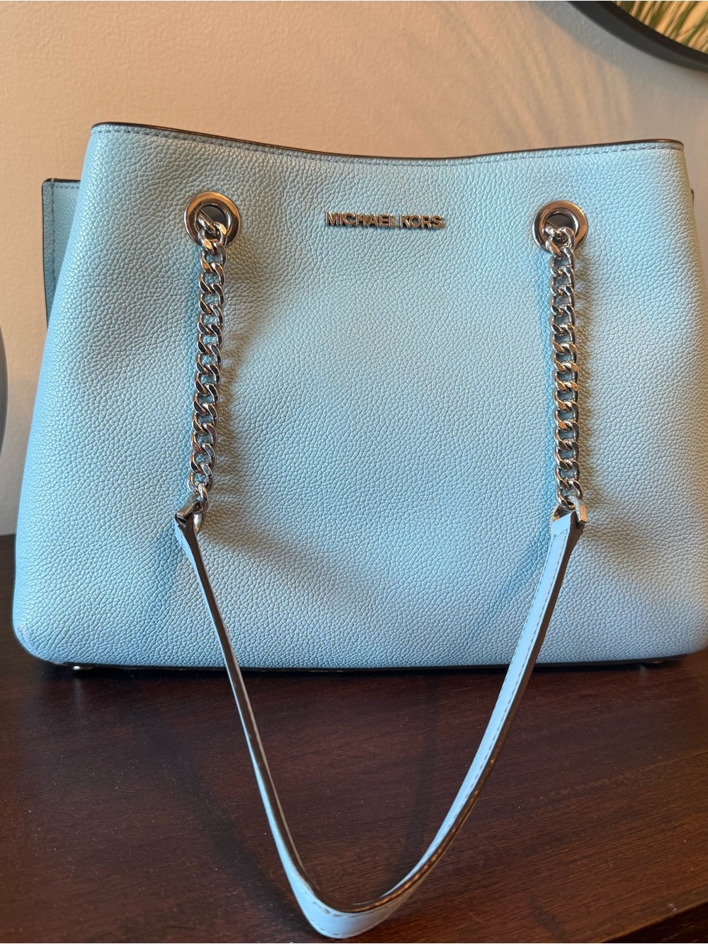 Michael Kors Powder Blue Pebbled Leather Chain Tote Bag